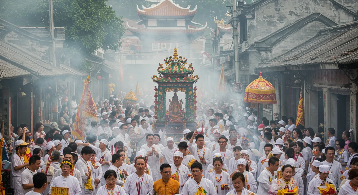 Street procession during Vegetarian Festival with white-clothed devotees, incense smoke, and crowds