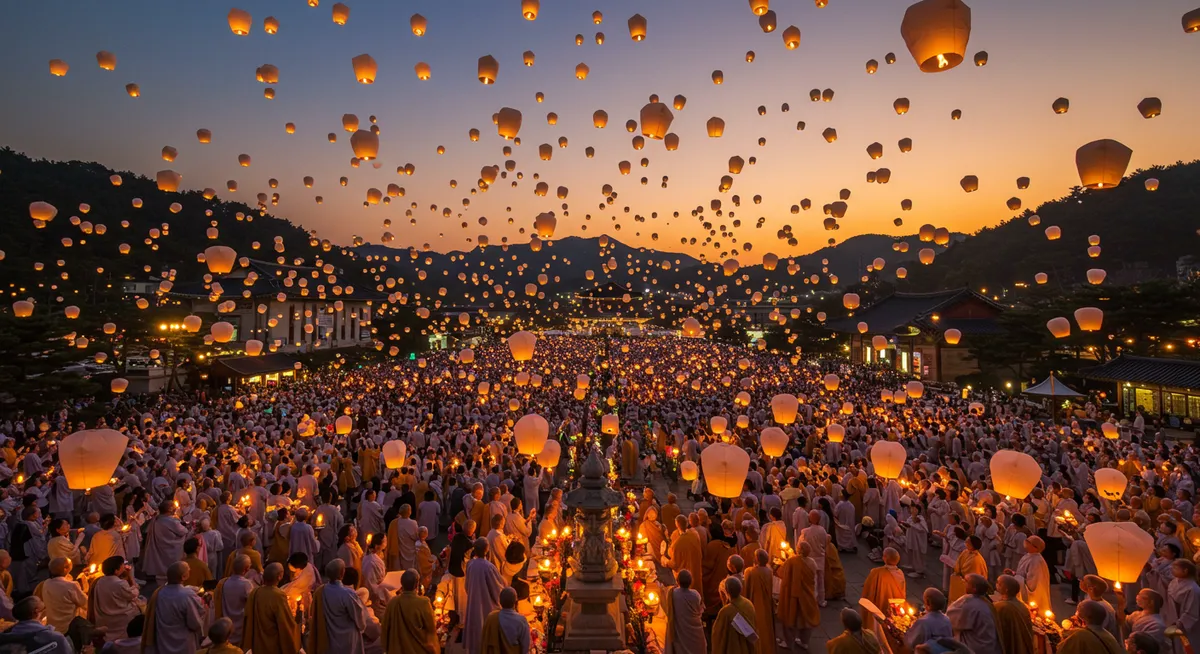 International pilgrims and devotees releasing lotus-shaped lanterns during Vesak in South Korea