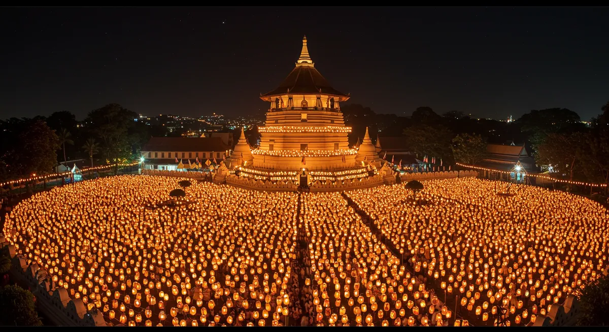 Thousands of lanterns illuminate a Buddhist temple during Vesak night celebrations in Sri Lanka