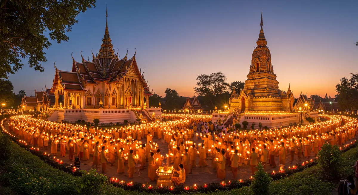 Buddhist devotees performing candlelit circumambulation around a temple during Vesak in Thailand