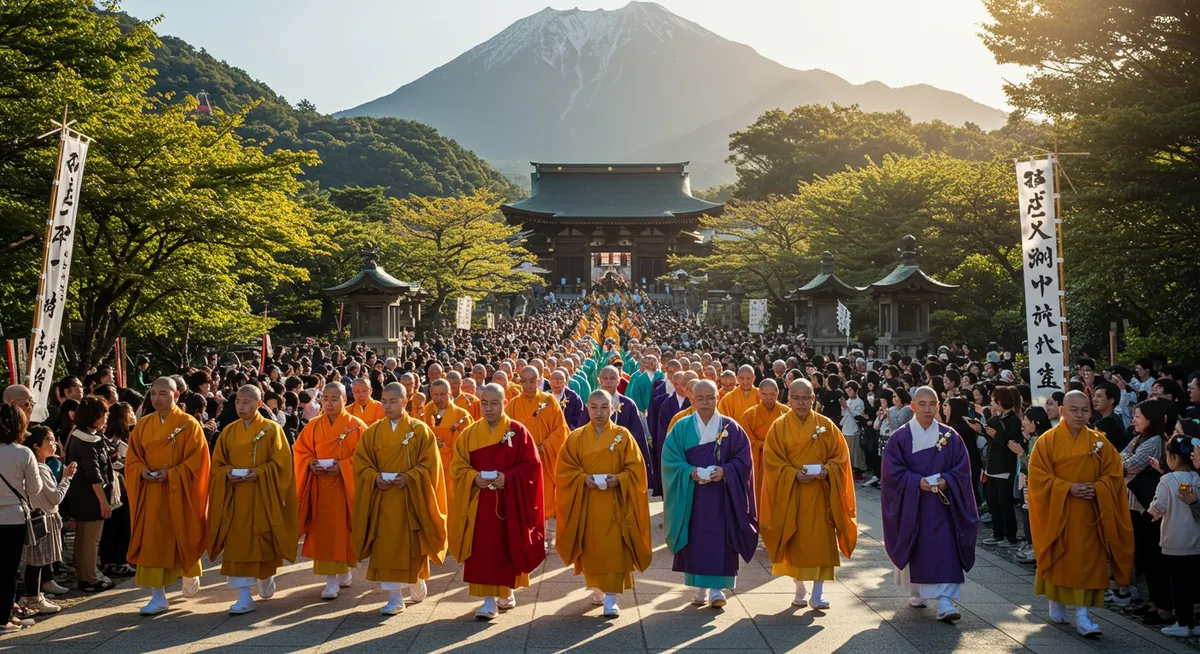 Buddhist monks in traditional robes leading a ceremonial procession toward Mount Wakakusa