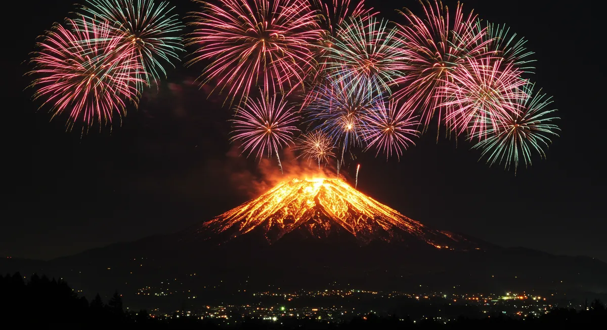 Mount Wakakusa engulfed in flames during the night with fireworks exploding overhead