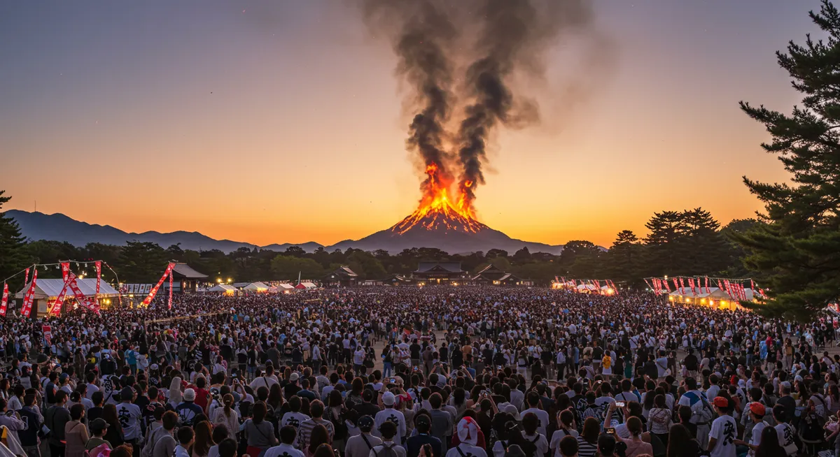 Crowds of spectators watching the mountain burning from Nara Park with silhouettes of the famous Nara deer visible