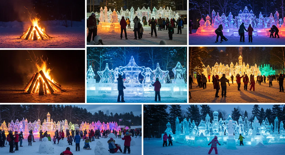 Collage of winter festivals showing fire ceremonies, light displays, and snow celebrations