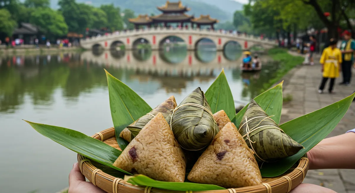 Traditional zongzi rice dumplings wrapped in bamboo leaves for Dragon Boat Festival